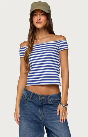 French Terry Striped Off Shoulder Top image number 1