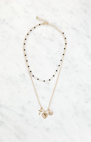 Black Beaded Cross Heart Necklace