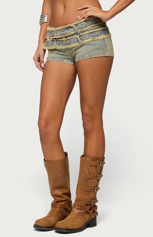 Alyza Distressed Belt Washed Denim Micro Shorts image number 2