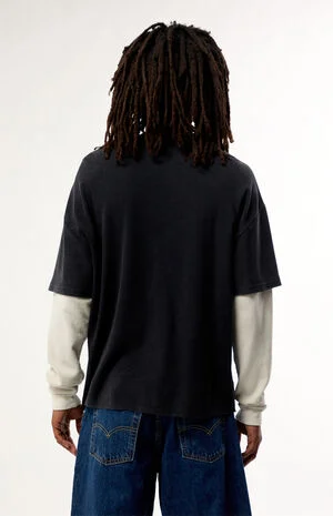 Black Waffle Knit 2Fer Layered Long Sleeve T-Shirt image number 3