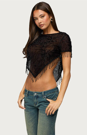 Yanna Beaded Fringe Poncho Top image number 2