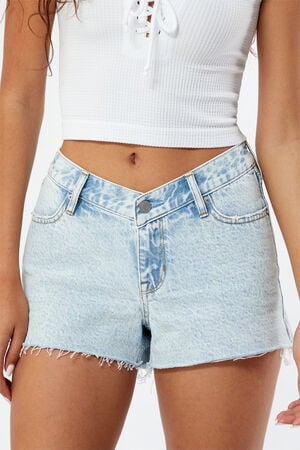 Eco Light Indigo V-Dip High Waisted Denim Festival Shorts image number 2