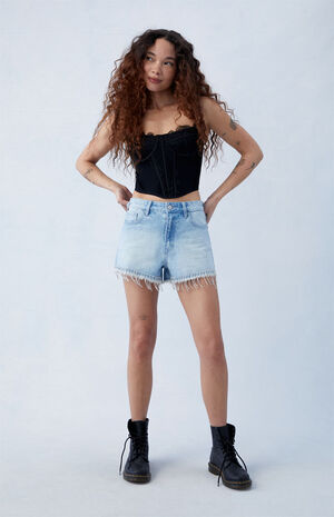Eco Light Indigo Rhinestone High Waisted Denim Festival Shorts image number 5