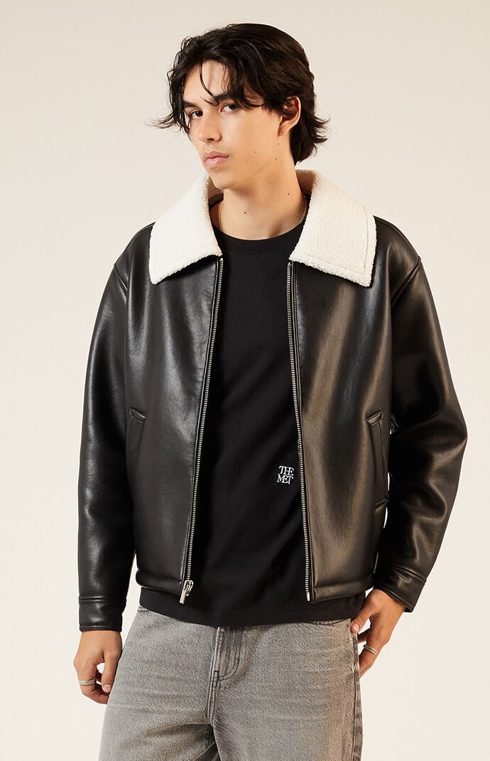 Men s Sherpa Collar Faux Leather Jacket in Black Size Large
