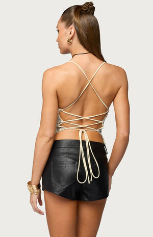 Sequin Crisscross Backless Cowl Neck Top image number 3