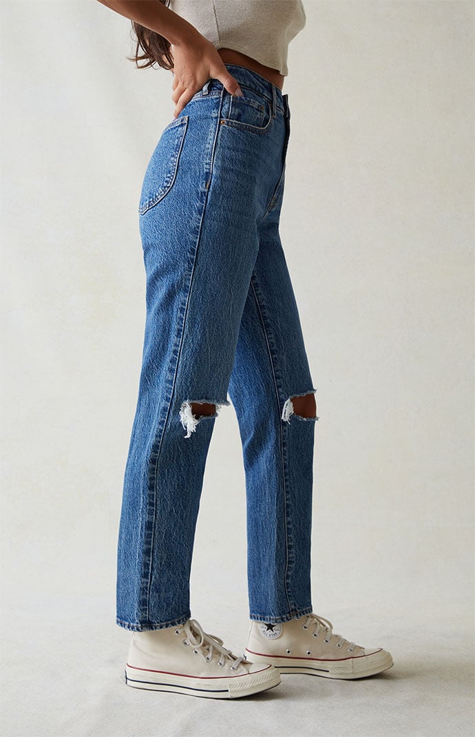 PacSun Eco Stretch Dark Blue Ripped Curve Straight Leg Jeans PacSun