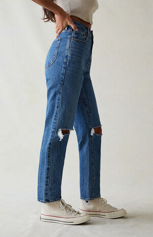 Eco Stretch Dark Blue Ripped Curve Straight Leg Jeans image number 3