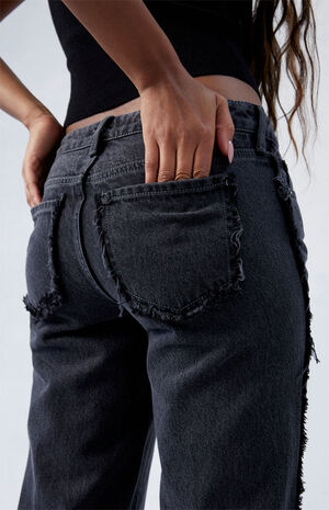 Black Frayed Wren Low Rise Wide Leg Jeans image number 5