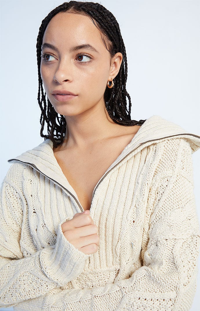 Free People Driftwood Cable Knit Polo Sweater | PacSun