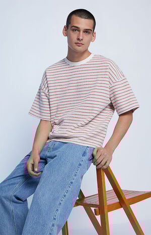 White & Orange Textured Cropped Oversized Shirt image number 1