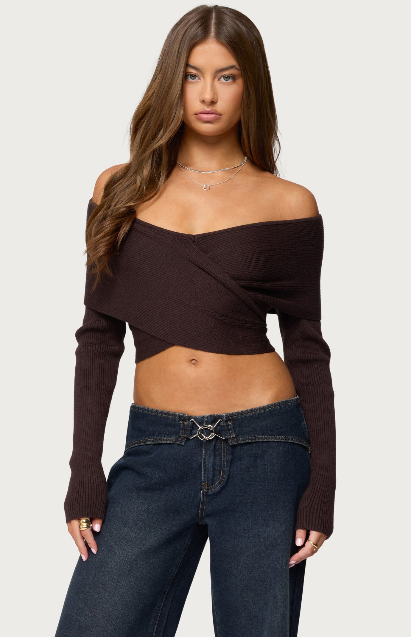 Edikted Women's Paulina Off Shoulder Wrap Sweater In Brown