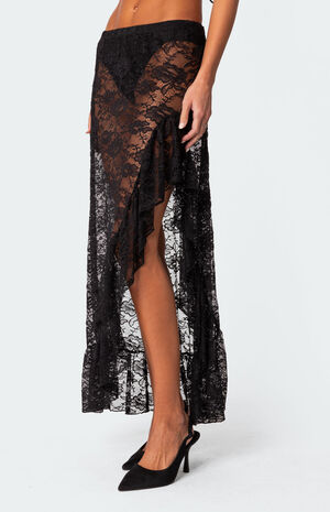 Asymmetric Ruffle Sheer Lace Maxi Skirt image number 5