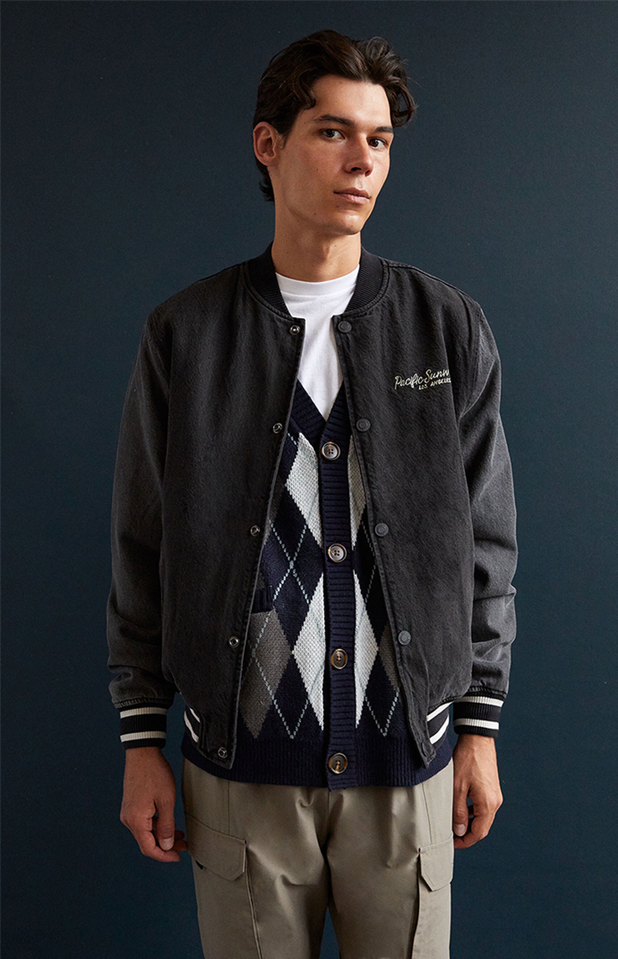 PacSun Pacific Sunwear Black Denim Varsity Jacket PacSun