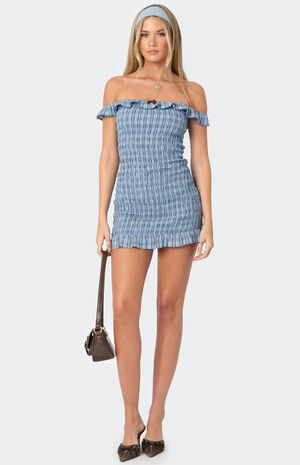Off Shoulder Scrunched Plaid Mini Dress image number 1