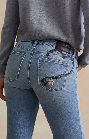 Light Blue Lock Embroidered Chain Low Rise Bootcut Jeans image number 5