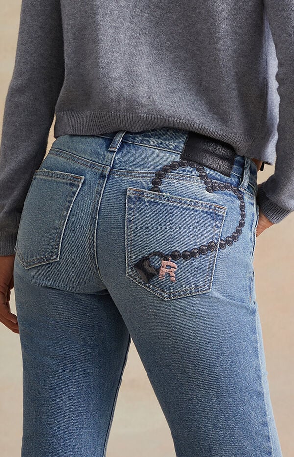 RARE DNM EDIT Light Blue Lock Embroidered Chain Low Rise Bootcut Jeans