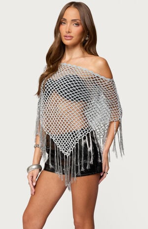 Evette Fringe Open Knit Metallic Poncho image number 2