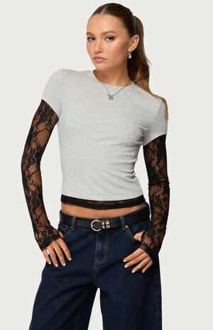 Layered Lace Sleeve T-Shirt image number 1