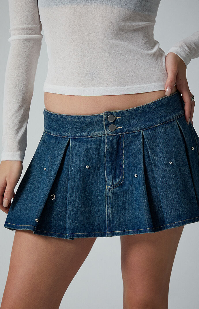 Third Charm Ayana Studded Pleated Low Rise Denim Mini Skort