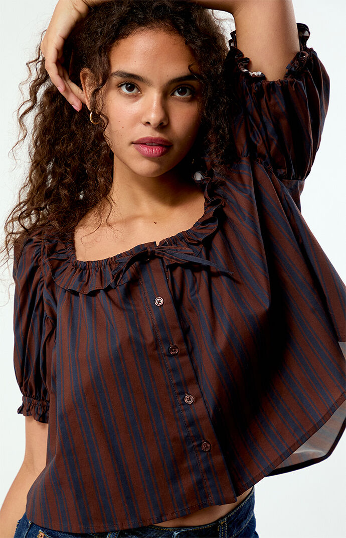 WEWOREWHAT Striped Puff Sleeve Button Up Top
