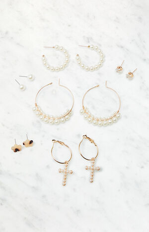 6 Pack Pearl Cross Earrings image number 1