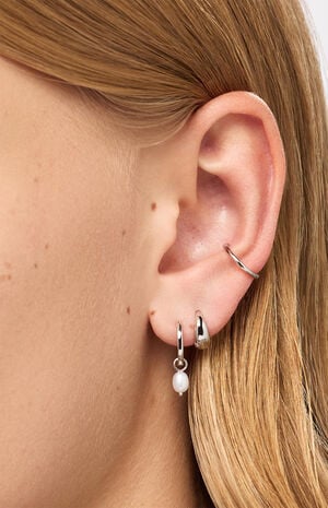 Frida Silver Pearl Huggie Hoop Earrings image number 2