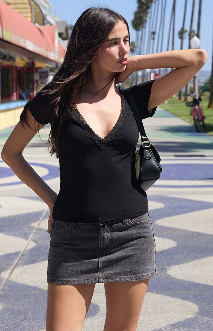 John Galt Black Sheer Lace Short Sleeve Top