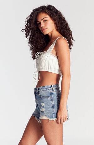 Medium Indigo Ripped Zip Fly High Waisted Denim Festival Shorts image number 2