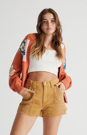 Khaki Corduroy Utility Paneled Shorts image number 1