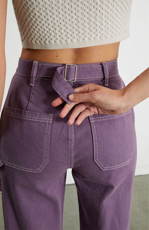 Purple Cinched Waistband Ultra High Waisted Flare Pants image number 5