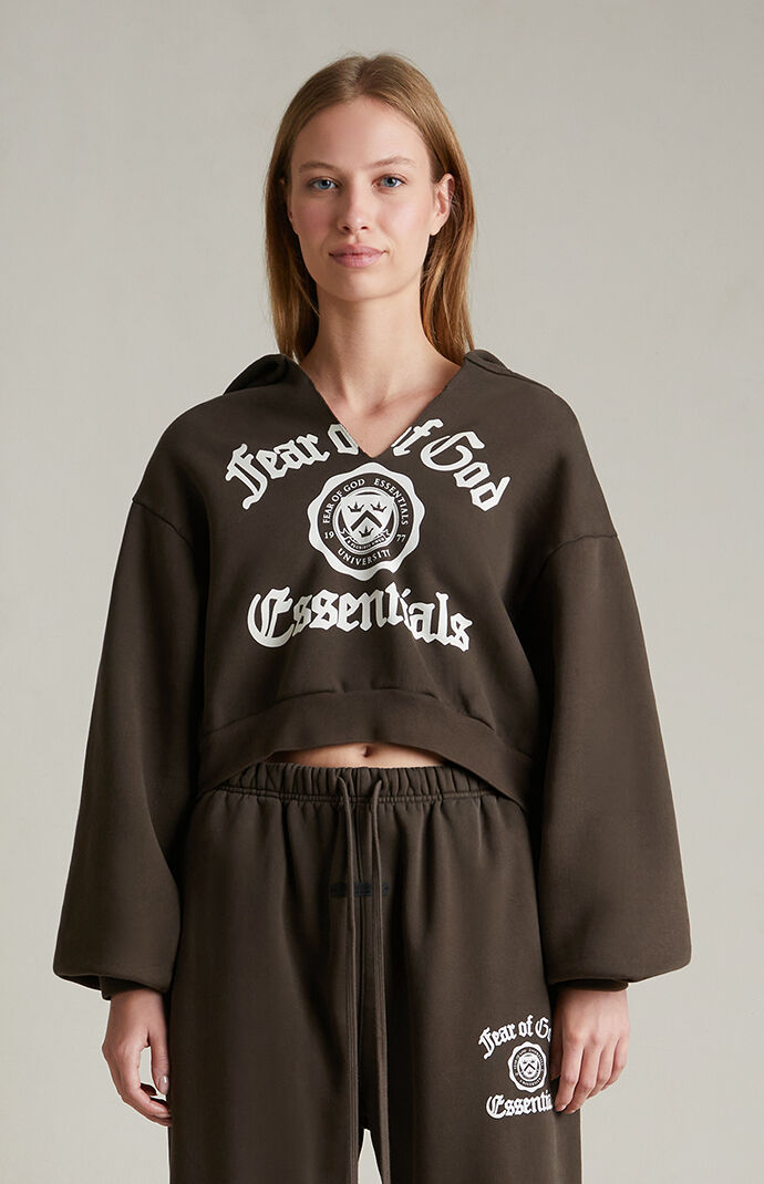 Fear of God Essentials Women's Brown Heavy Fleece Cropped V-Neck
