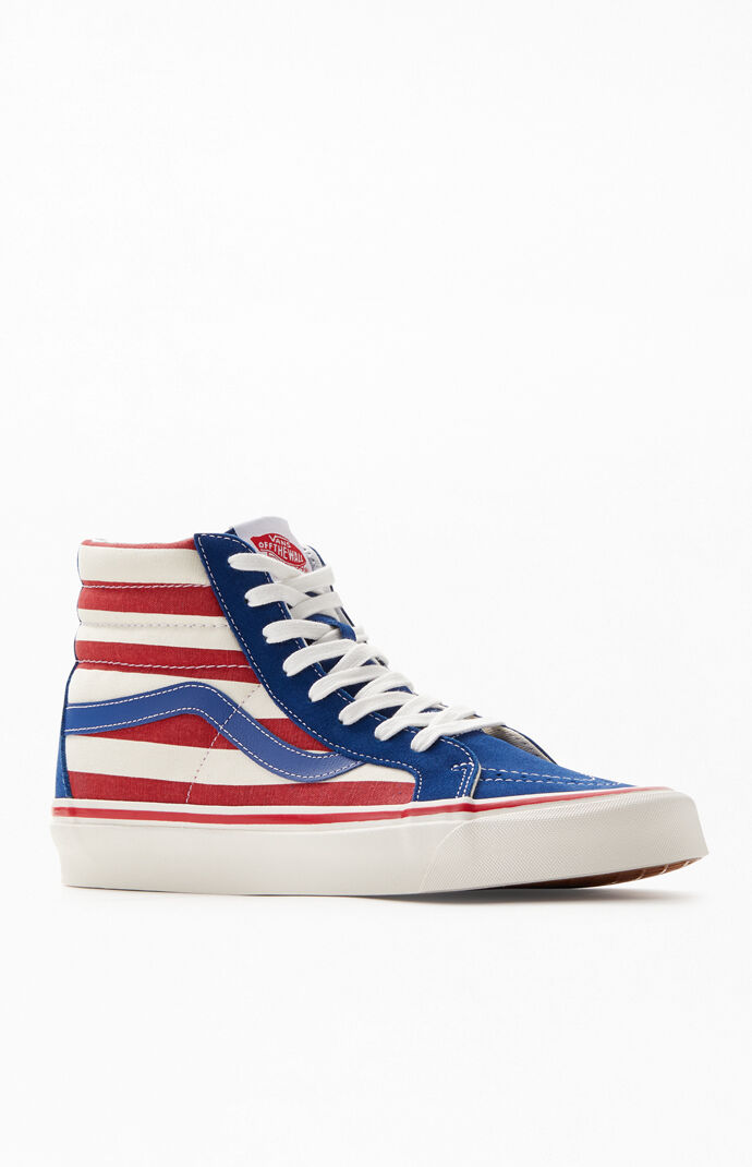 white vans with red and blue stripe