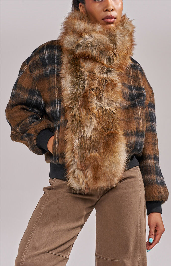 AZALEA WANG Maddy Brown Faux Fur Bomber Jacket