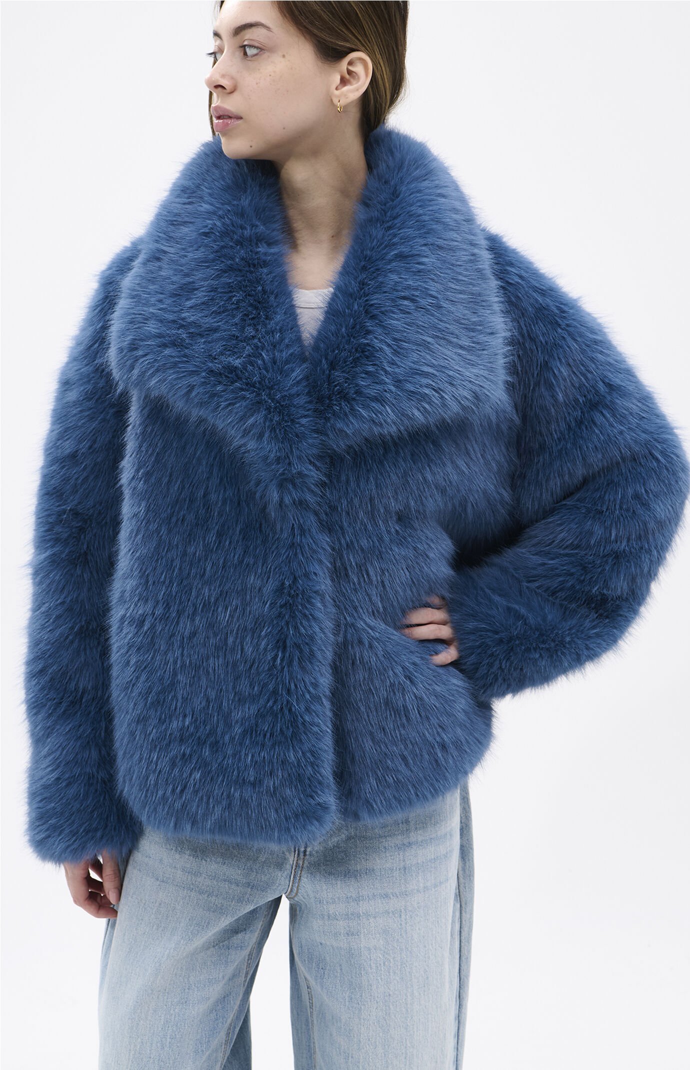 AZALEA WANG Regina Sky Blue Faux Fur Coat