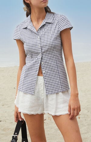 White Rue Plaid Collared Top