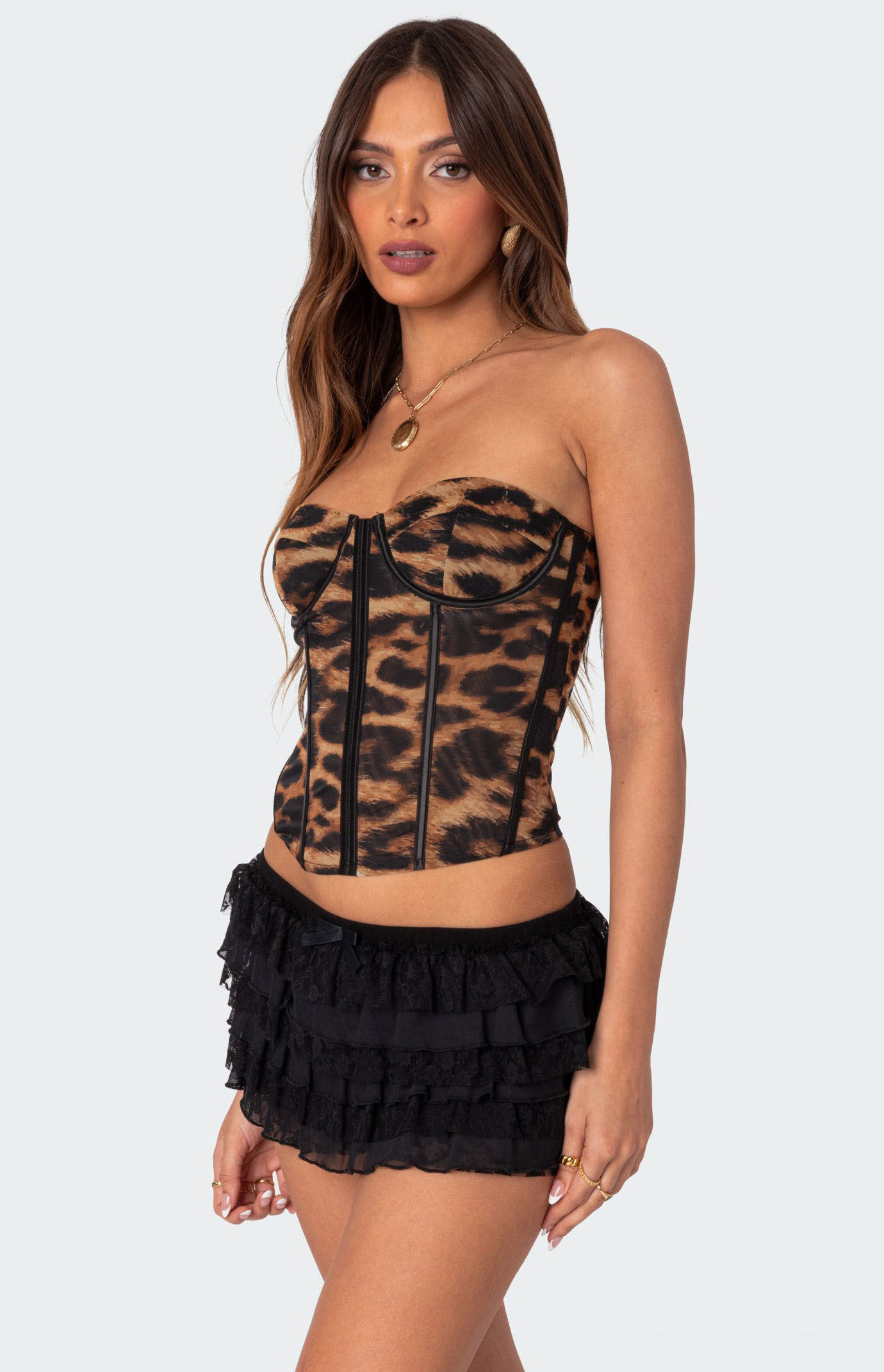 Edikted Lennox Leopard Print Mesh Corset