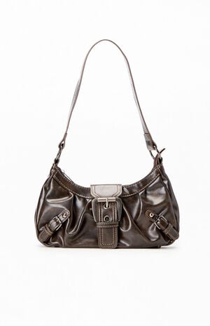 Brown Faux Leather Front Buckle Shoulder Bag image number 1