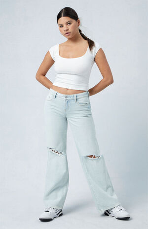 Eco Light Indigo Ripped Low Rise Wide Leg Jeans