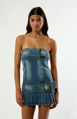 Buckle Strapless Denim Mini Dress image number 2