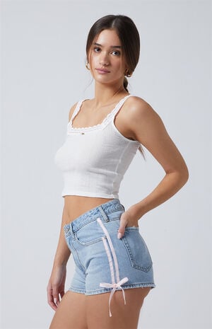 Light Indigo Side Stripe Bow High Waisted Denim Festival Shorts