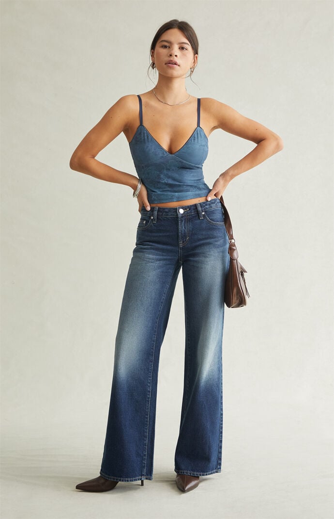 Pacsun Casey Low Rise Baggy Jeans Rhinestone Dark Blue