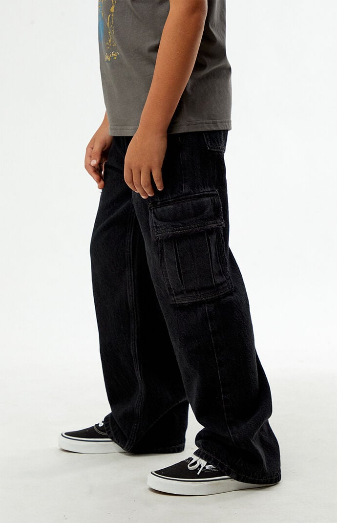 Pacsun Kids Baggy Jeans Frayed Cargo Black Wash