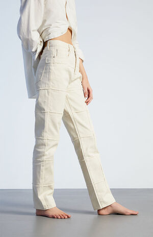 White Frayed Paneled Dad Jeans image number 3
