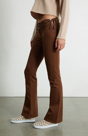 Brown Lace-Up Low Rise Bootcut Jeans image number 2