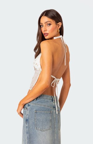Embroidered Open Back Halter Top image number 1