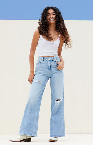 Medium Indigo Ripped Wide Leg Jeans image number 4