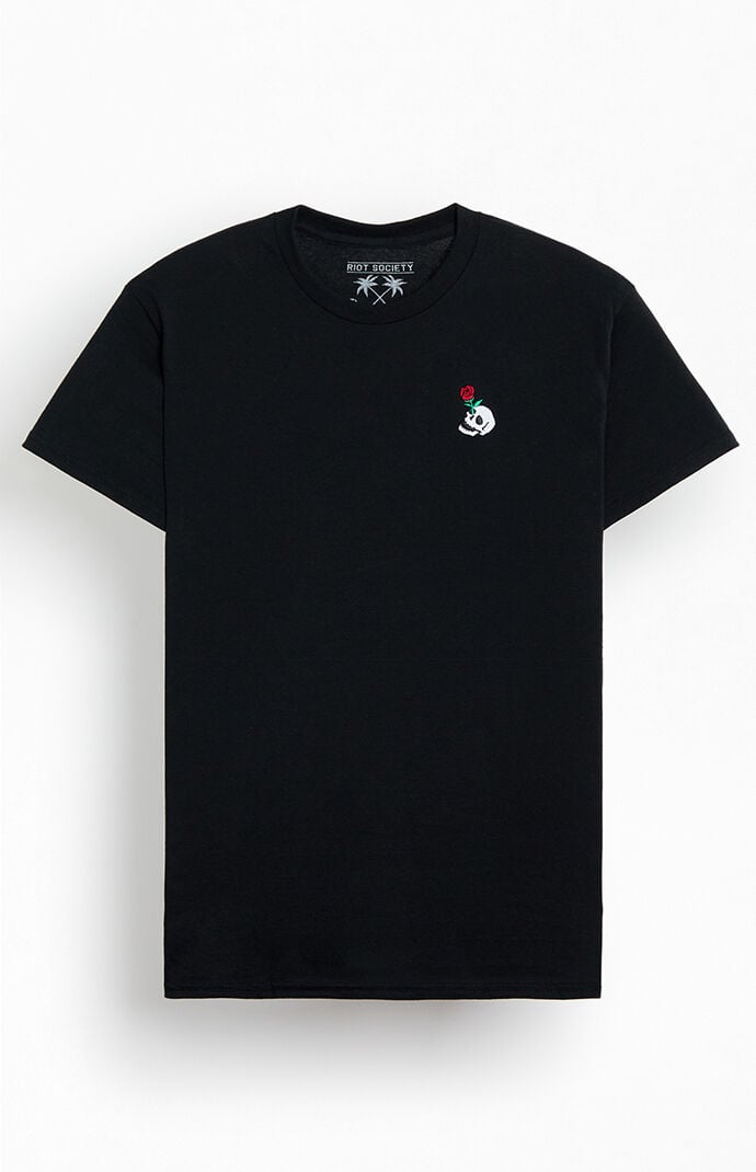Riot Society Men's Black Rose Skull Embroidered T-shirt
