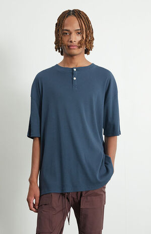 Navy Ribbed Boxy Henley T-Shirt image number 2