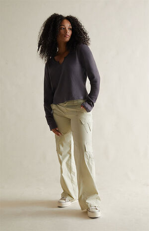 Waffle Knit Notched Neck Long Sleeve Top image number 6