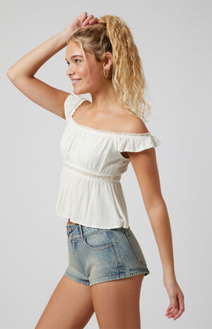 Stretch Medium Indigo Micro Denim Shorts image number 3